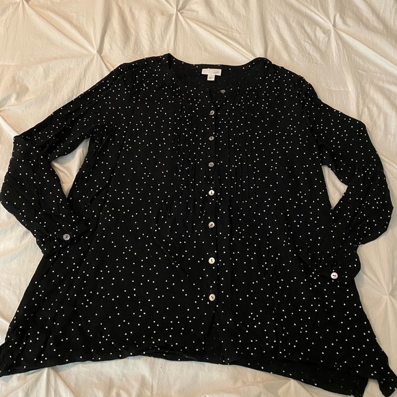 j jill black button down long sleeve blouse white speckles shirt - Picture 2 of 11
